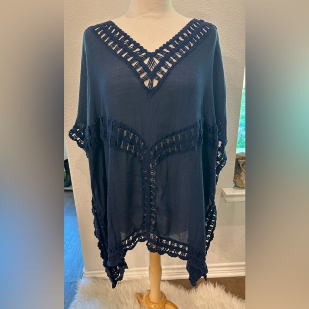 Lane Bryant Navy dark blue Crochet-Trim Swim Cover-Up poncho 14/16
